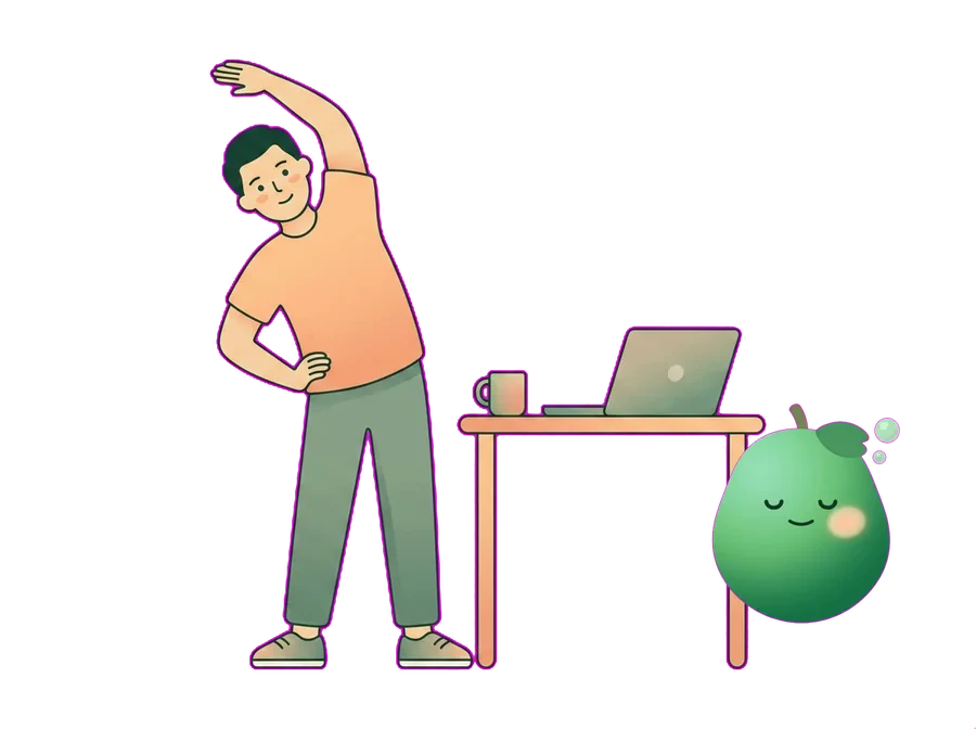 A person stretching beside a desk with a calm Rowlie
