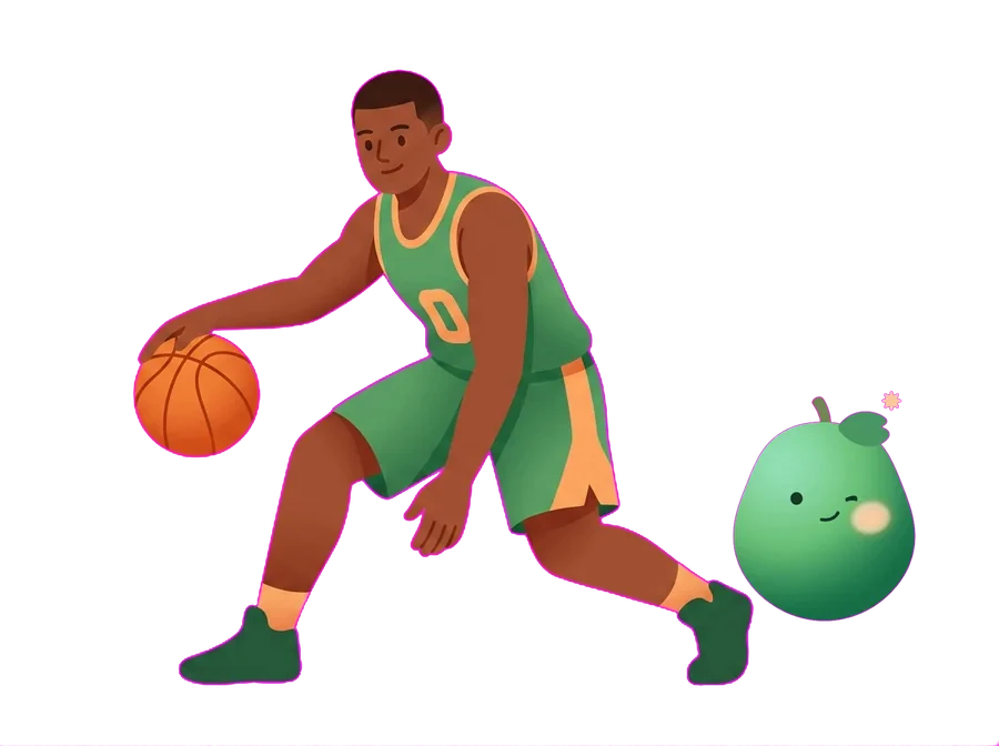 A basketball player dribbling beside a focused Rowlie